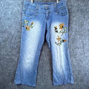 Judy Blue Jeans Women 13 Blue Stretch Floral Embroidery Wide Hippie Boho Y2K